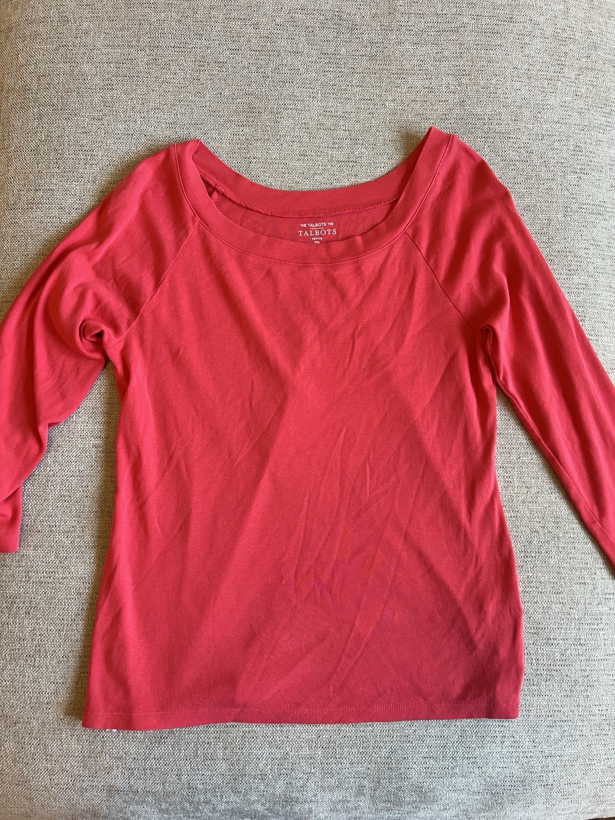 Talbots Petite MP Pima Cotton Long Sleeve Tee Red Coral Scoop Neck Raglan