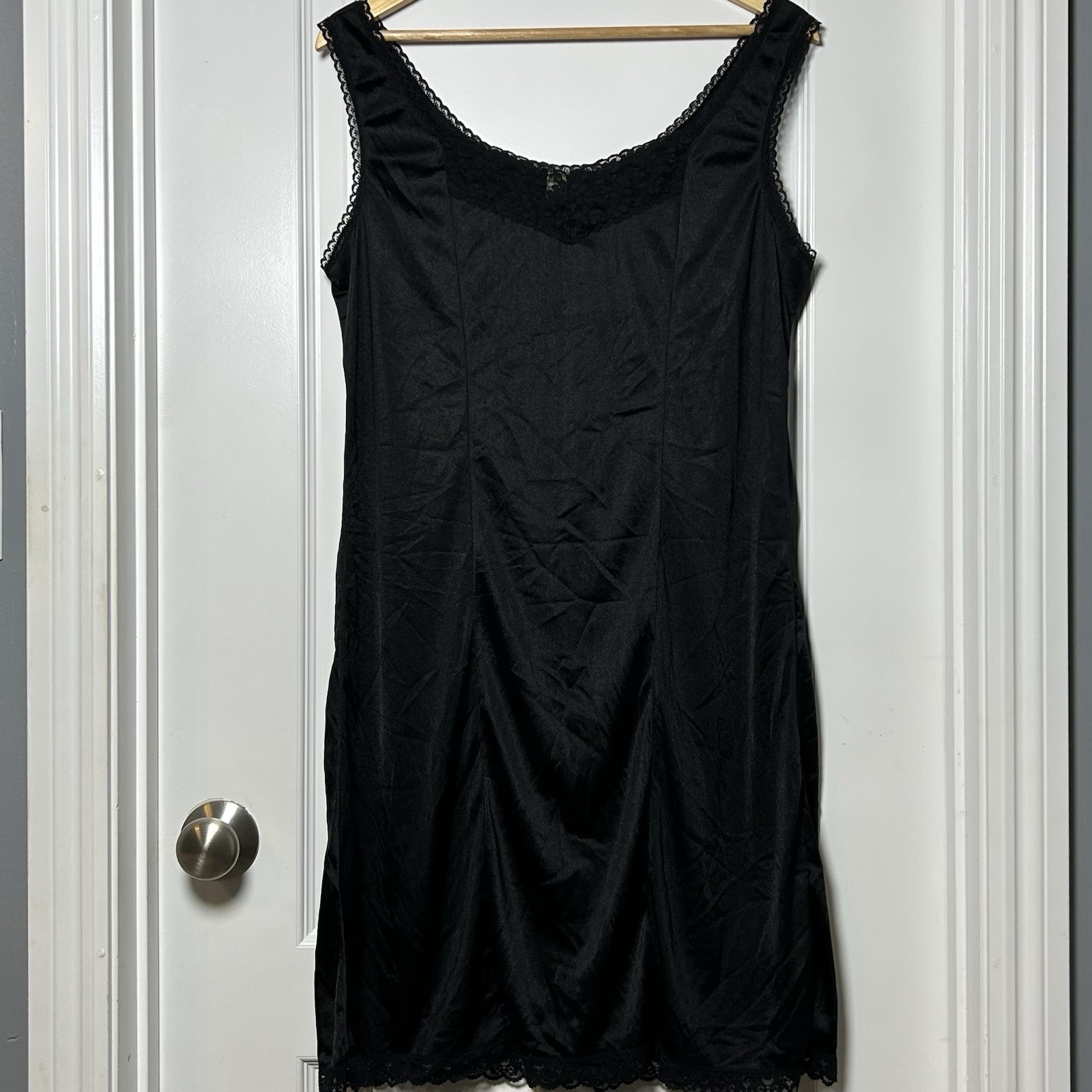 Heavenly Secrets Vintage 90s Black Nylon Lace Trim Slip Dress Whimsigoth Style