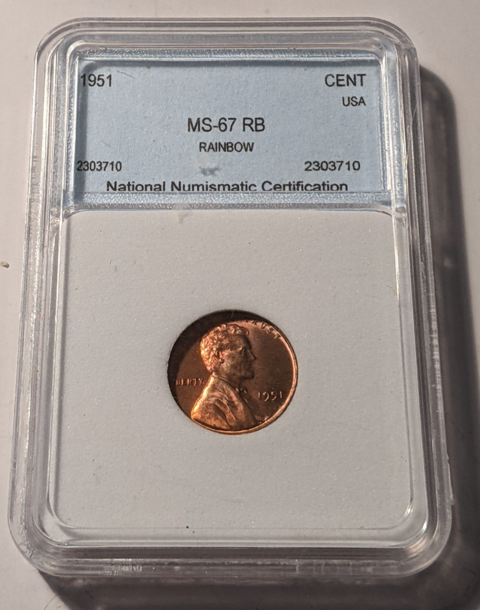 1951-P MS67 RB 1C PENNY Tough Date in High Grade Toning Graded in Random Holder