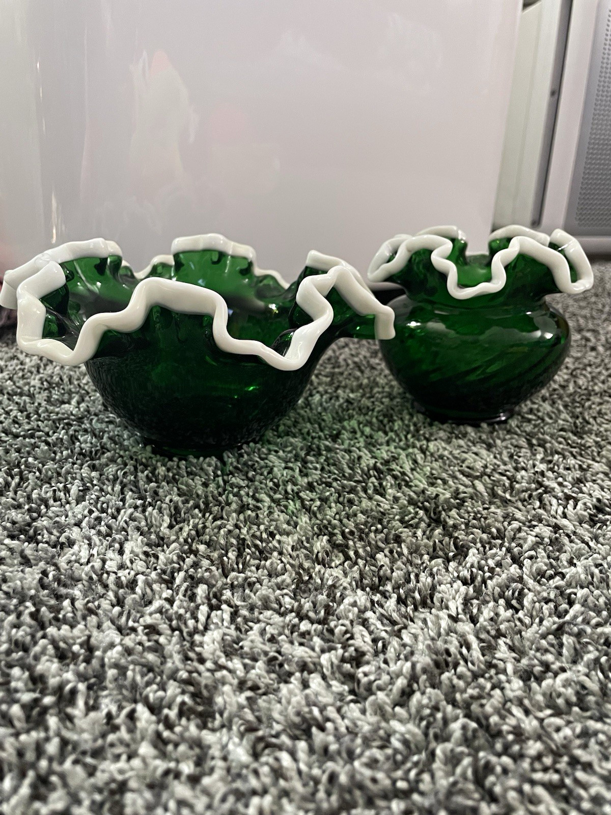 Fenton Emerald in the Snow two piece set. No chips/cracks 1 rough spot. Prelogo Fenton Emerald in the Snow two piece set. No chips/cracks 1 rough spot. Prelogo