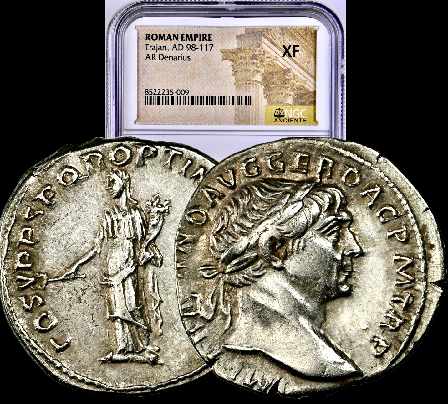98-117 AD Trajan Ancient Roman Silver Denarius “SPQR” “OPTIMO” Coin NGC XF