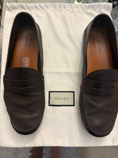 Gucci Men\'s Brown Leather Web Driving Loafers Moccasins Size 9.5