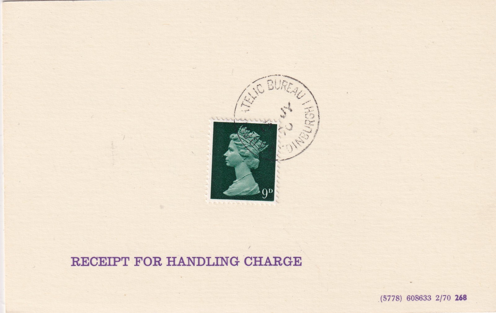 GB 1970 Machin 9d myrtle green, as rare singlle postage on superb Receipt