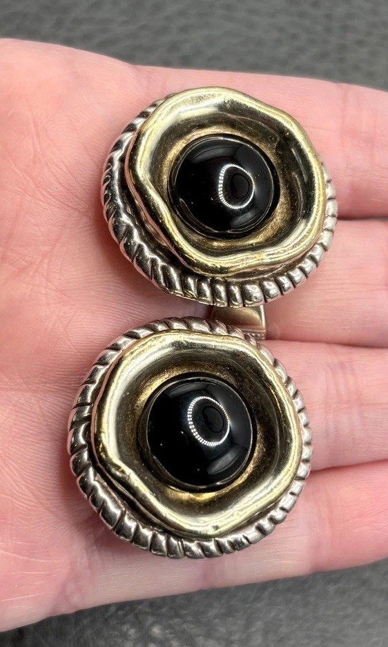 VTG 80s Sterling Silver Black Clip Earrings Two Tone Artisan Handmade Chunky