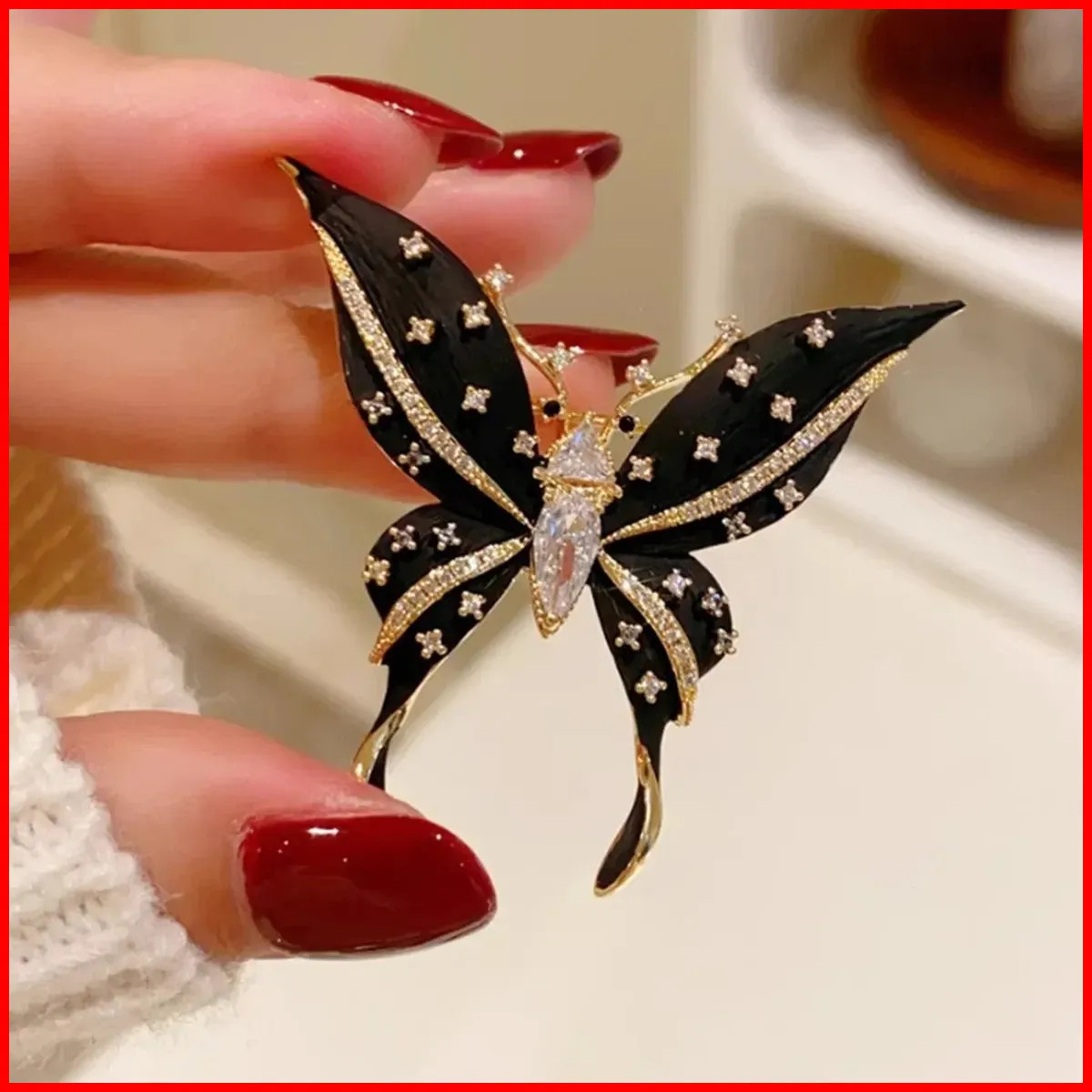 Vintage Black Enamel Butterfly Brooch Gold Tone Crystal Rhinestone Pin