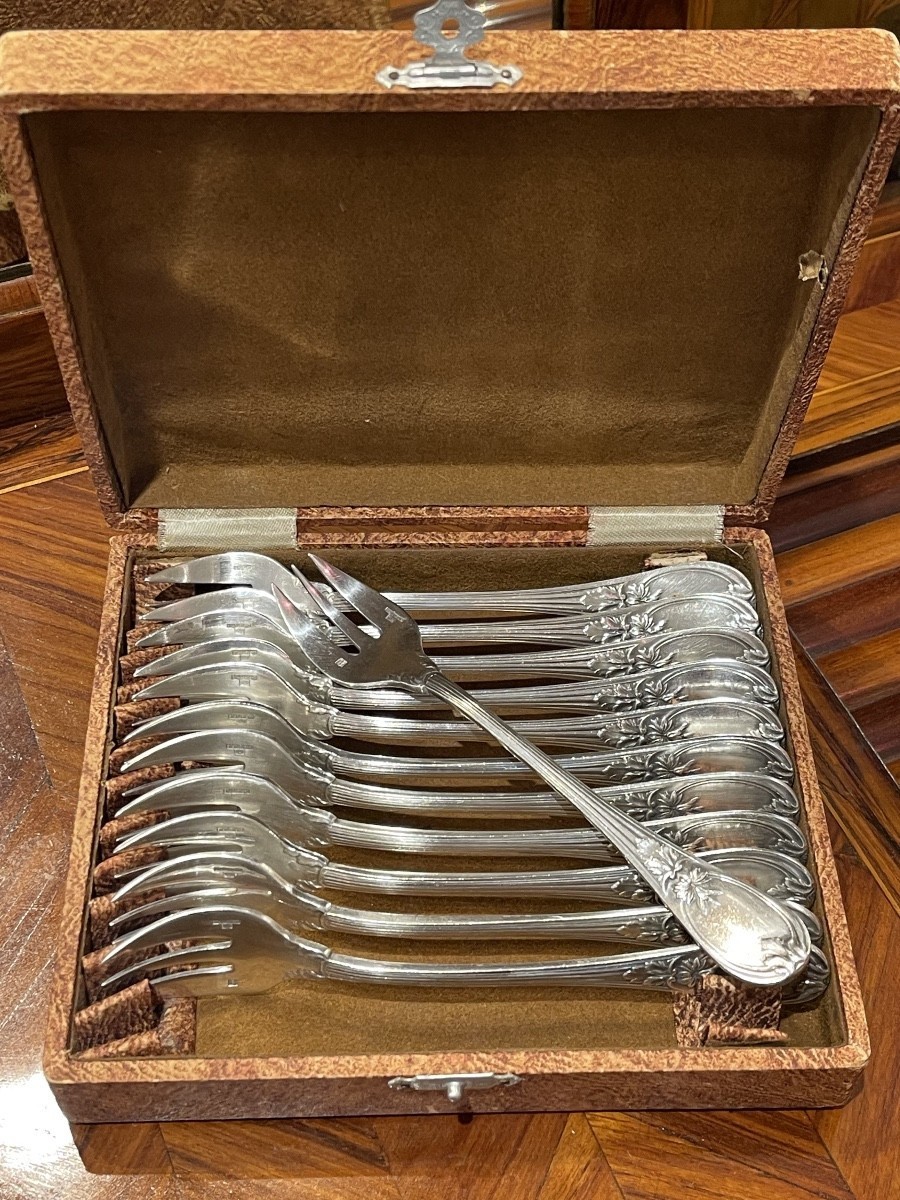 Vintage French Christofle Trianon Set 12 Silver Plated Oyster Seafood Forks Box