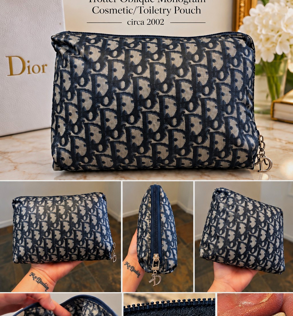 Christian Dior Trotter Oblique Monogram Makeup Bag Blue/White Zip Canvas MC1002