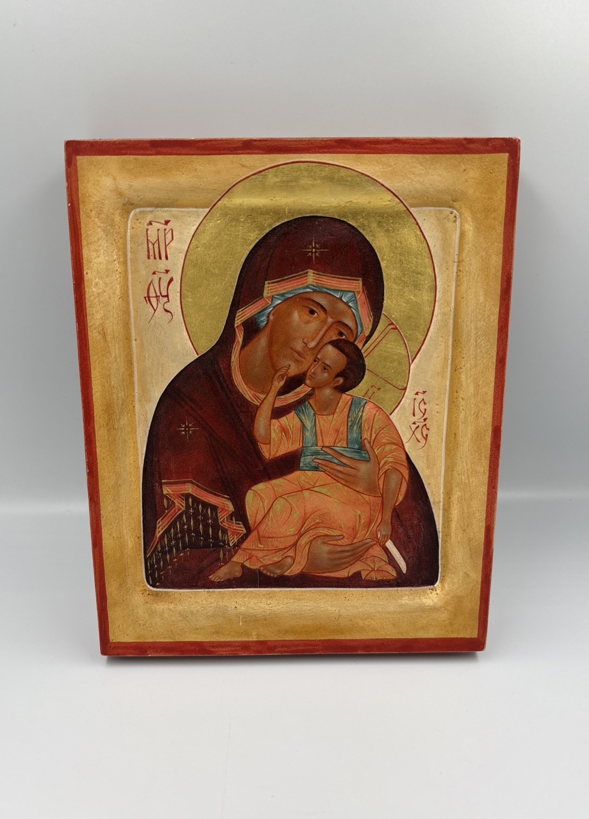 Hand painted Orthodox icon The Virgin Mary and Jesus Christ child Oil On Plaster Hand painted Orthodox icon The Virgin Mary and Jesus Christ child Oil On Plaster