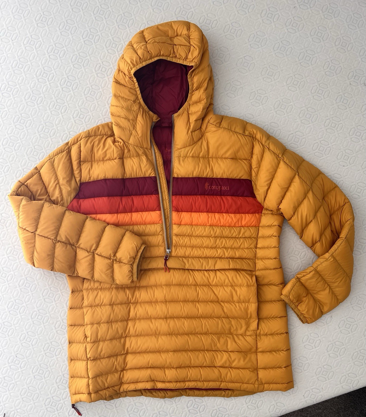 Cotopaxi Fuego 800 Down Hooded Quarter Zip Puffer Jacket XL Colorblock Cotopaxi Fuego 800 Down Hooded Quarter Zip Puffer Jacket XL Colorblock