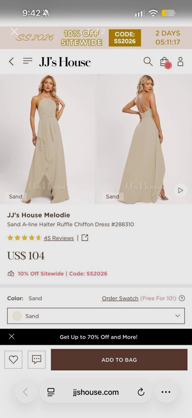 JJ\'s House Melodie Sand A-Line Halter Ruffle Sleeveless Chiffon Dress 288310