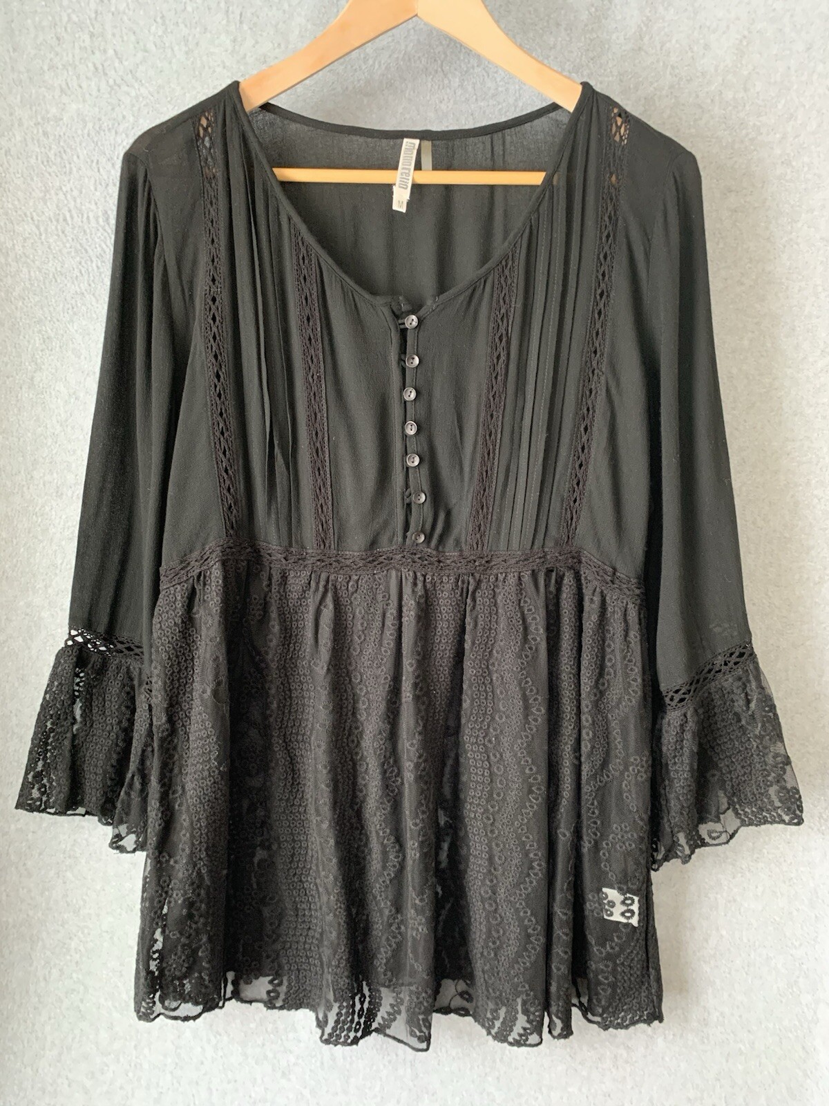 Monoreno Womens Black Top Sz M Babydoll Whimsygoth Witchy Sheer Lace Dark Fairy