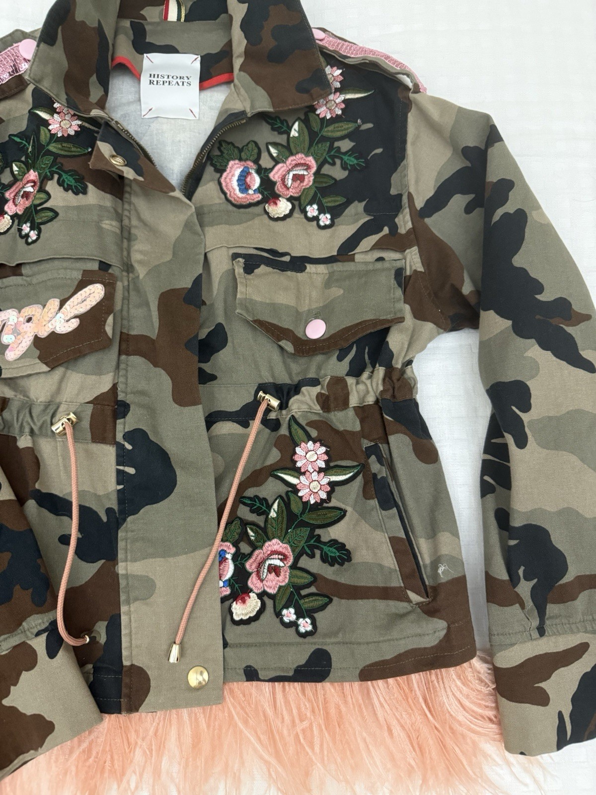 History Repeats Coat Women’s Jacket S, Camo, Pink Feathers, Sparkle Decals