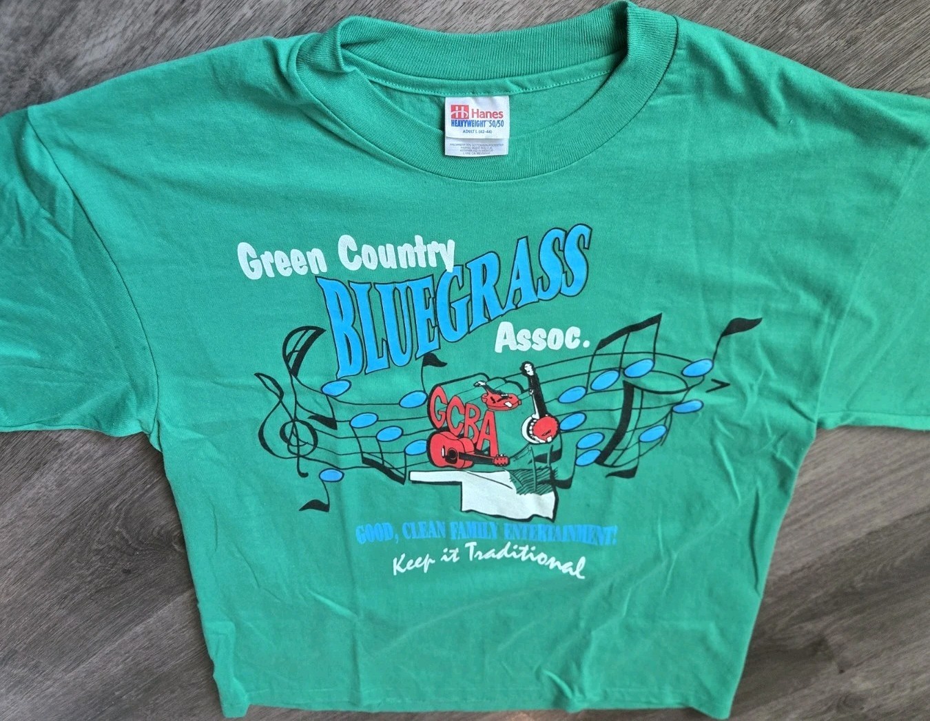 VTG 90s Hanes T Shirt Green Country Bluegrass Assoc Oklahoma Single Stitch Large