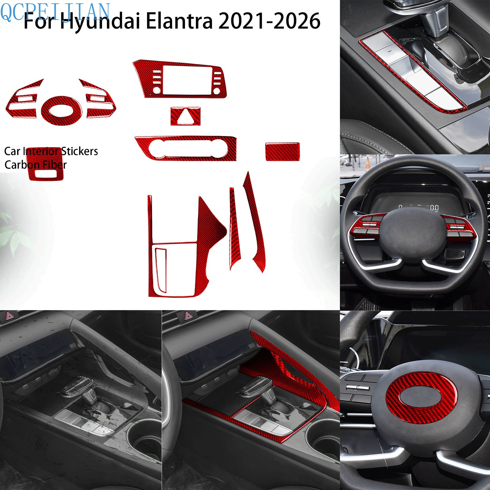 12Pcs Red Carbon Fiber Interior Console Panel Kit For Hyundai Elantra CN7 21-26