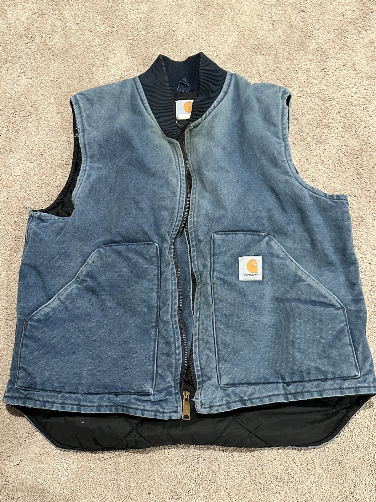 Vtg Carhartt V01 Navy Distressed Faded Canvas Quilted Duck Vest Lg Made In USA Vtg Carhartt V01 Navy Distressed Faded Canvas Quilted Duck Vest Lg Made In USA