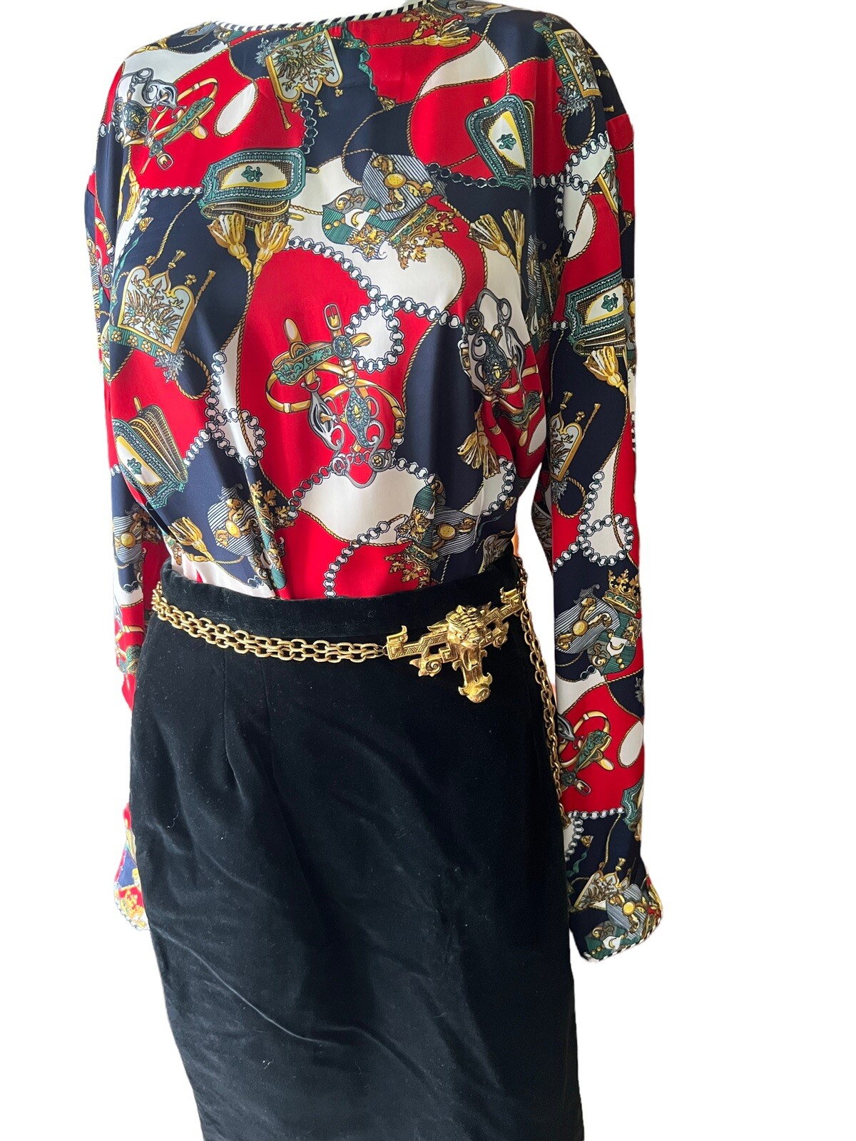 Mint Vtg  Baroque Blouse Multicolor Crown Shield Chains Rope Sz Large Equestrian