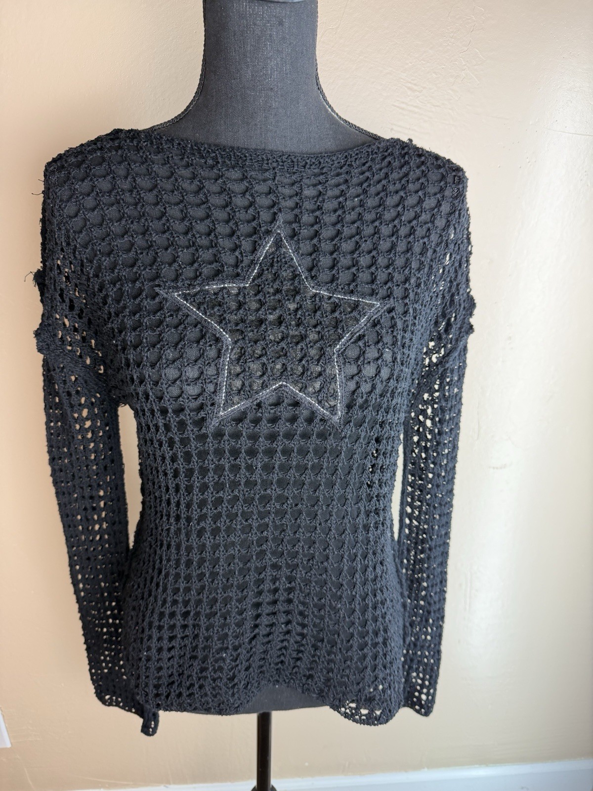Daisy Street Black Fishnet Star Knit Sweater Top Sheer Mesh Y2K Grunge Gothic M