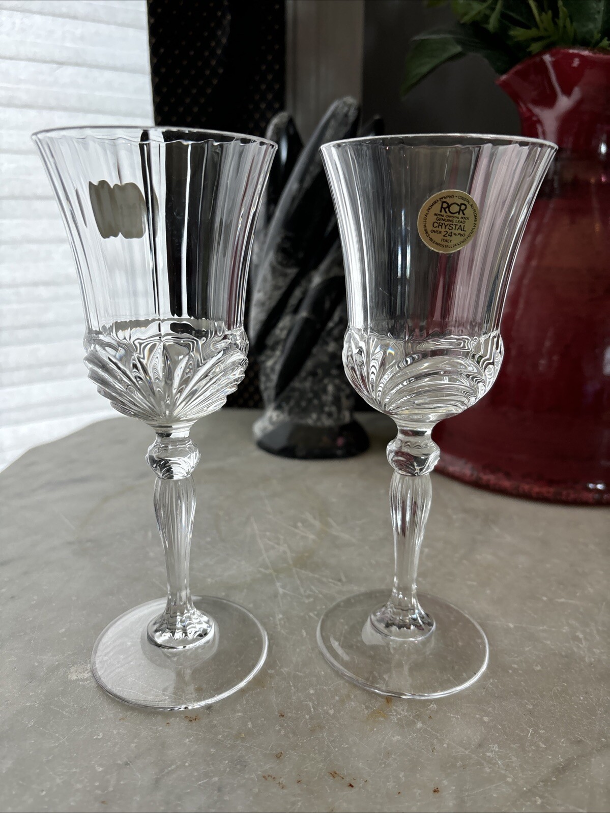 Royal Crystal Rock Italian Aurea Panel Cut Goblet Set/2 - NWT Original Labels