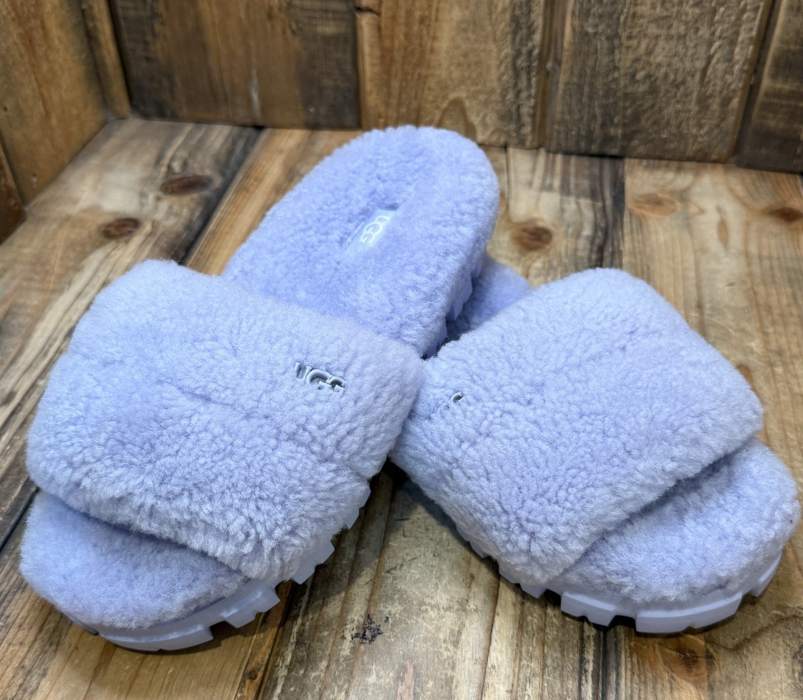 UGG COZETTA CURLY SHEEPSKIN SLIDE SLIPPERS WOMENS 7 SAGE BLOSSOM PURPLE
