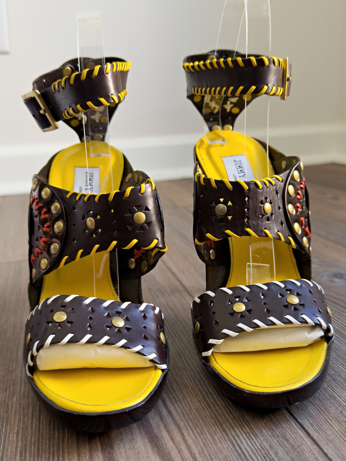 Jimmy Choo \'Claudia\' Studded Mirror Leather Whipstitch Sandal Heels 39.5 Worn 3X