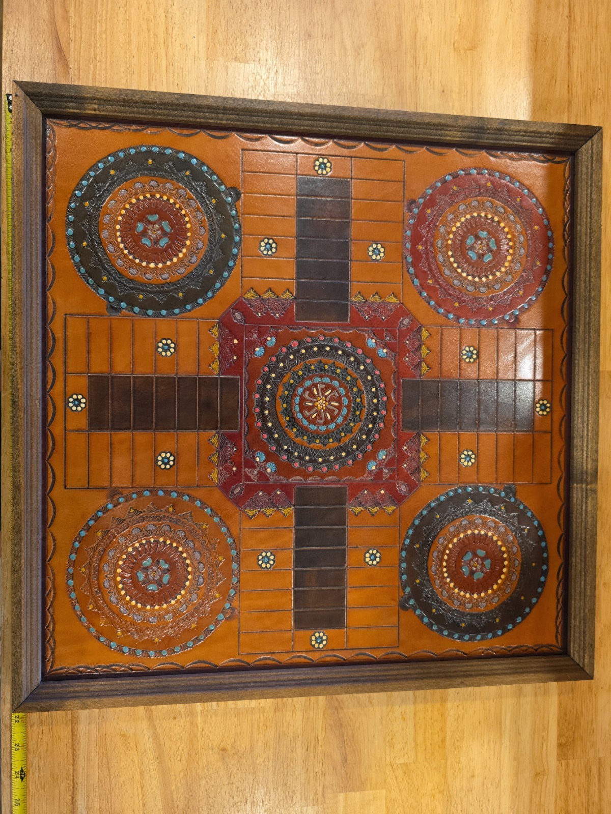 Vintage Hand Tooled Leather Parcheesi Game Board Folk Art Framed Wall Decor 21\