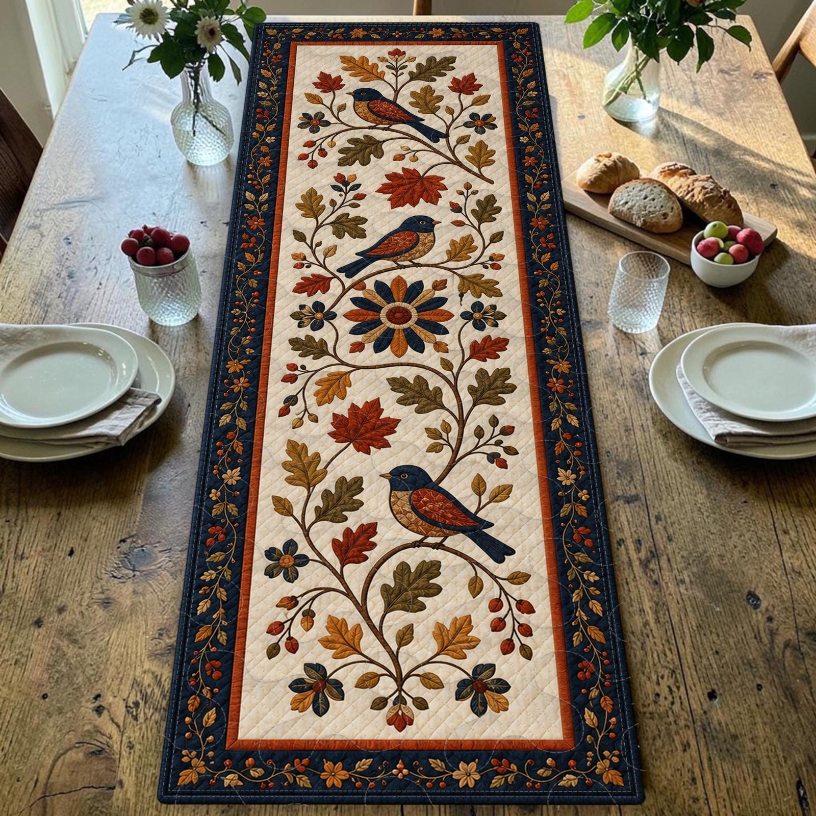 Bluebird Quilted Table Runner Autumn Leaves Floral Rustic Farmhouse Blue Decor