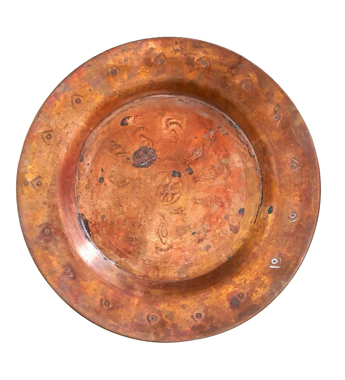 Antique Hand Hammered Tinned Copper Plate/Tray w/ Etched Engraved Motifs Design Antique Hand Hammered Tinned Copper Plate/Tray w/ Etched Engraved Motifs Design