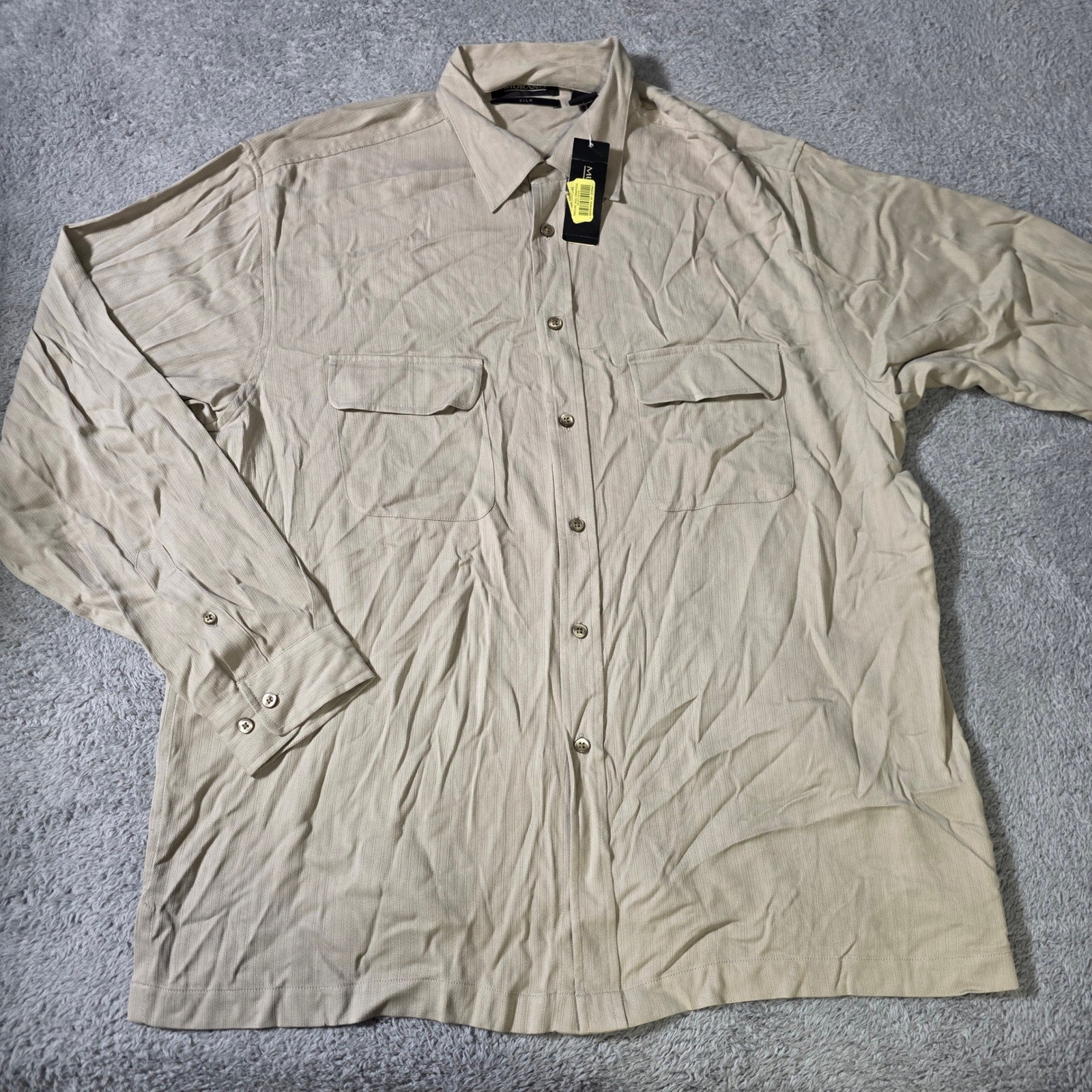 Murano Mens L Button Down Shirt Tan 100% Silk Herringbone Long Sleeve Utility