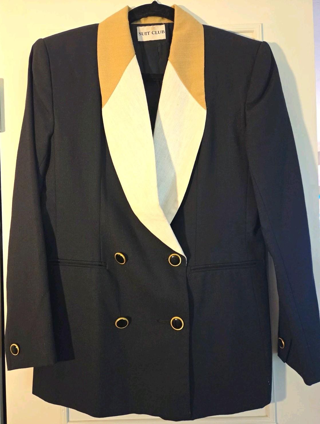 Vintage Black Women\'s Double Breasted Blazer Tan And White Linen Look Collar 4 Vintage Black Women\'s Double Breasted Blazer Tan And White Linen Look Collar 4