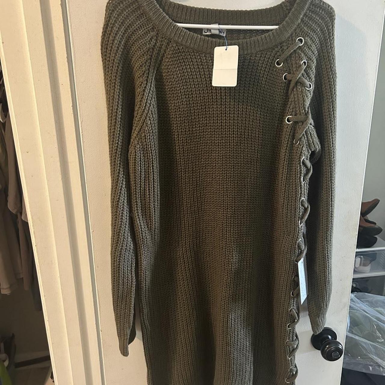 NWT J for Justify olive green knit sweater dress tie up adjustable sides size M