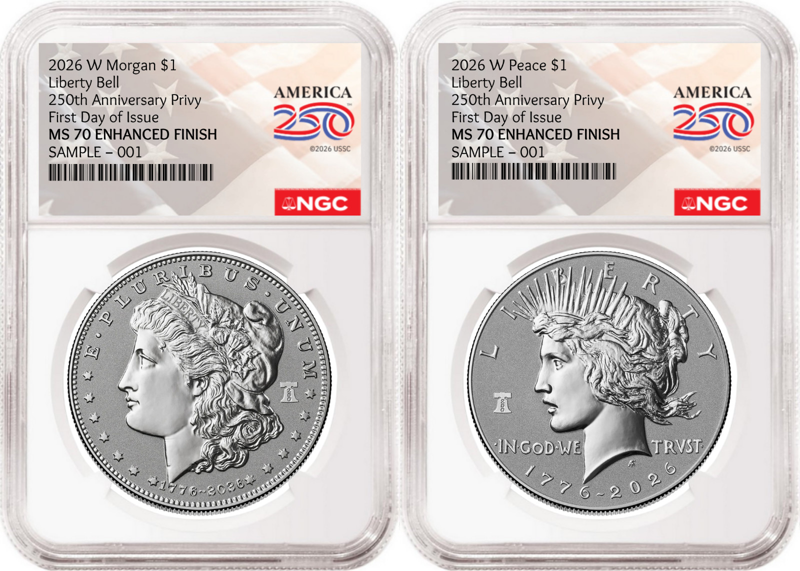 2 Coin Set 2026 Morgan Peace Enhanced 250th Privy NGC MS70 FDOI Flag Pre-Sale2