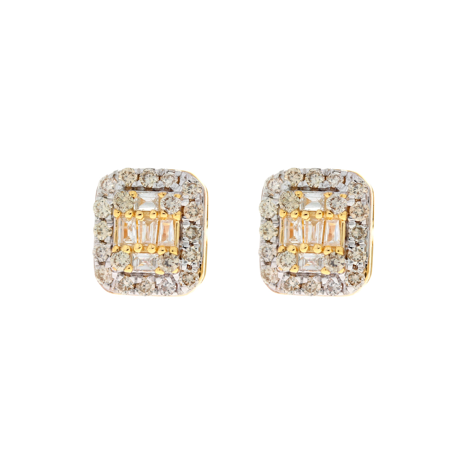 0.54 Ct Natural Round & Baguette Cut Diamond Stud Earrings 10k Yellow Gold