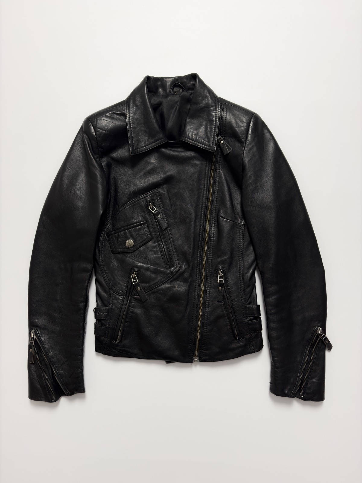 Vintage Real Leather Multi Pocket Fitted Style Moto Biker Jacket Women’s S