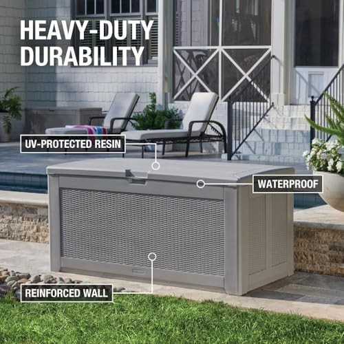 GRAY - RUBBERMAID EXTRA LARGE RESIN OUTDOOR STORAGE DECK BOX (134 GAL), WEATHER