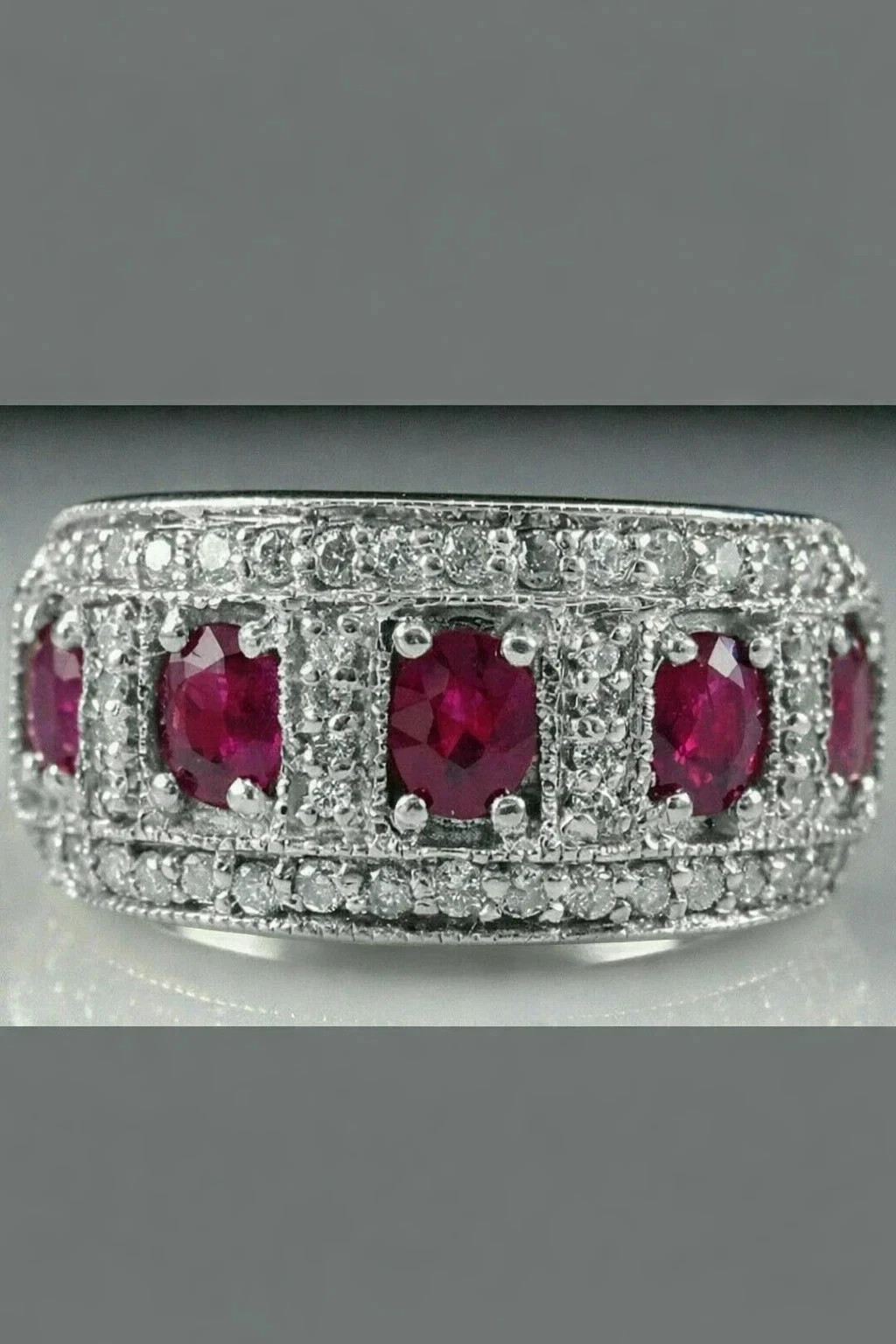 3Ct Art Deco Oval Cut Natural Ruby & Diamond Anniversary Ring in 14k White Gold