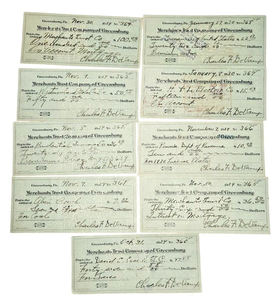 Antique 1929-1930 Bank Checks Merchants Trust Greensburg PA Depression Era