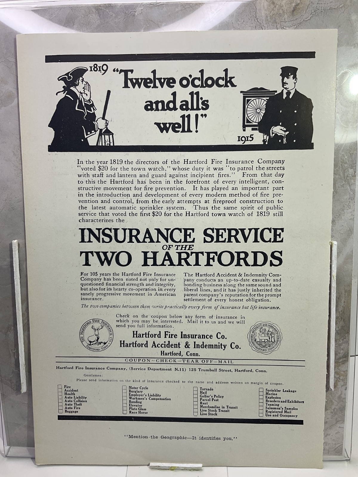 1915 Vintage Black & White Printed Advertisements, Hartford Fire Insurance Co.