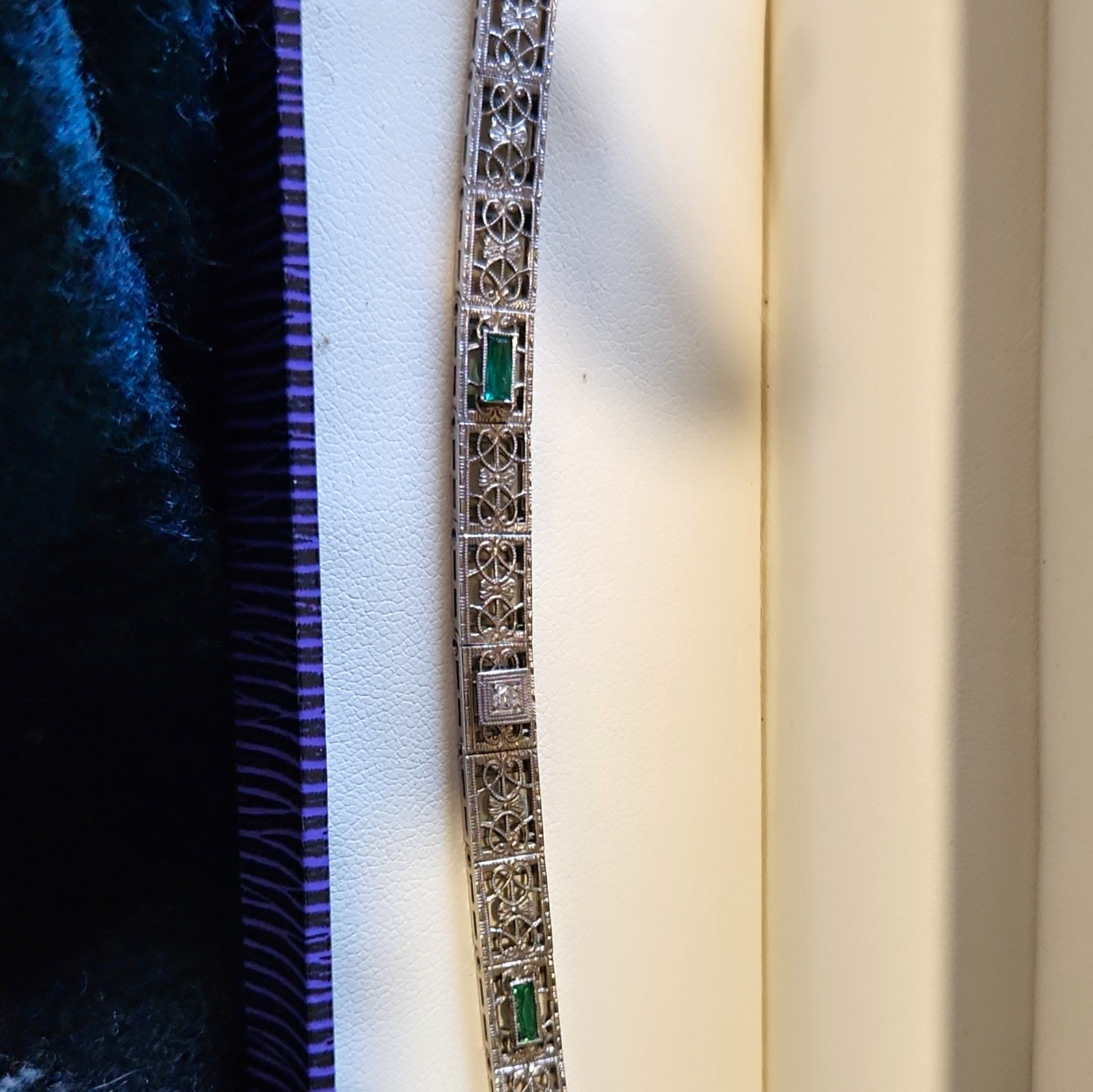 Antique Art Deco marked 14k white gold filigree & green glass diamond bracelet Antique Art Deco marked 14k white gold filigree & green glass diamond bracelet