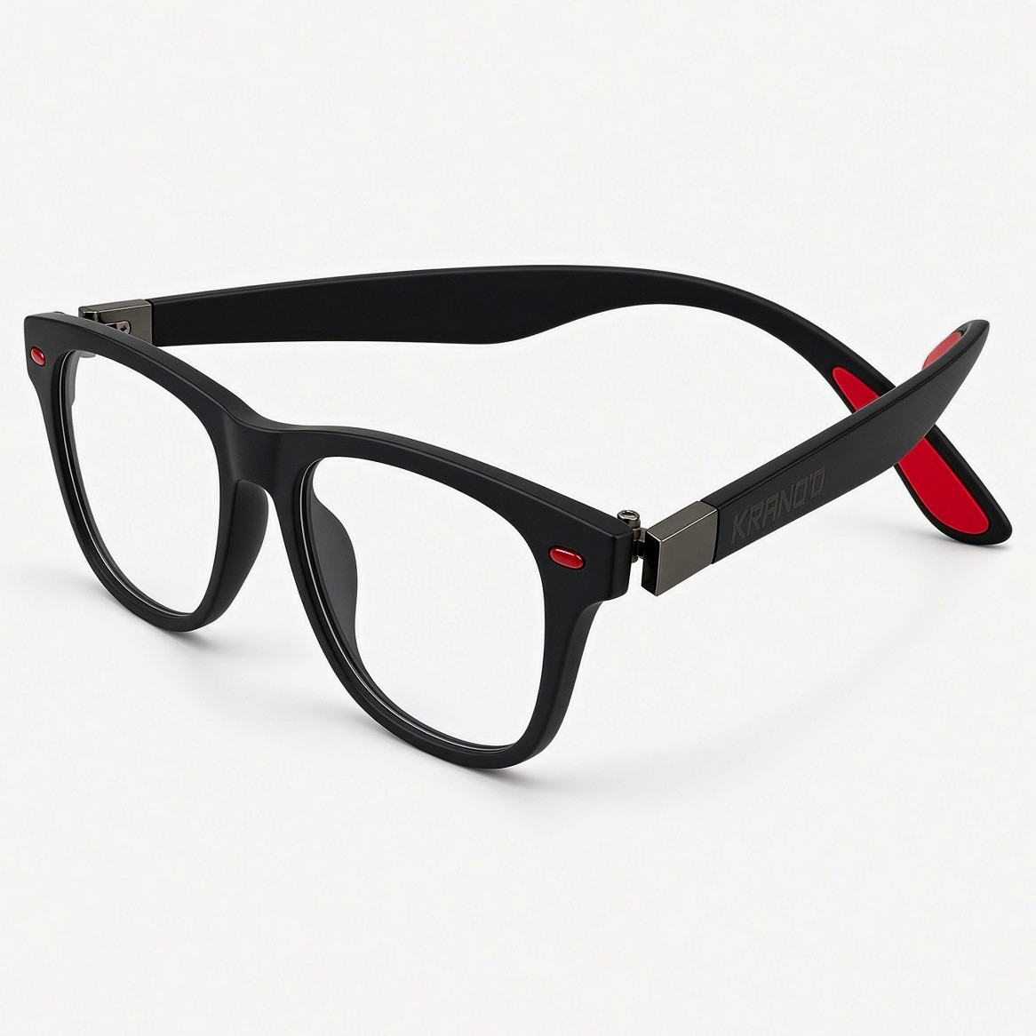 KRANQ\'D Blue Light Blocking Glasses Matte Black, Red Tips, Clear