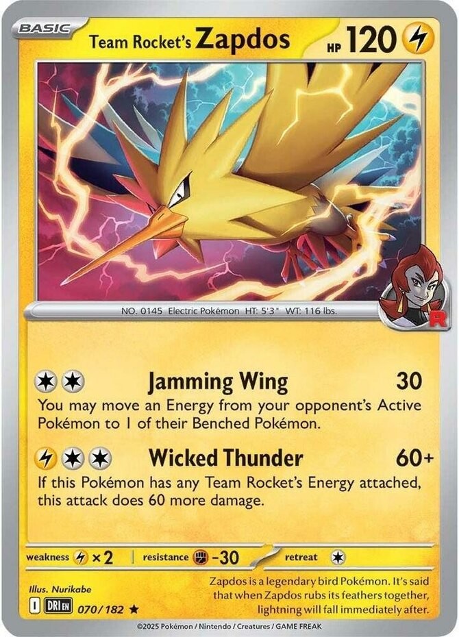 Team Rocket's Zapdos - 070/182 - Holo Rare (Near Mint) Destined Rivals - Lightni
