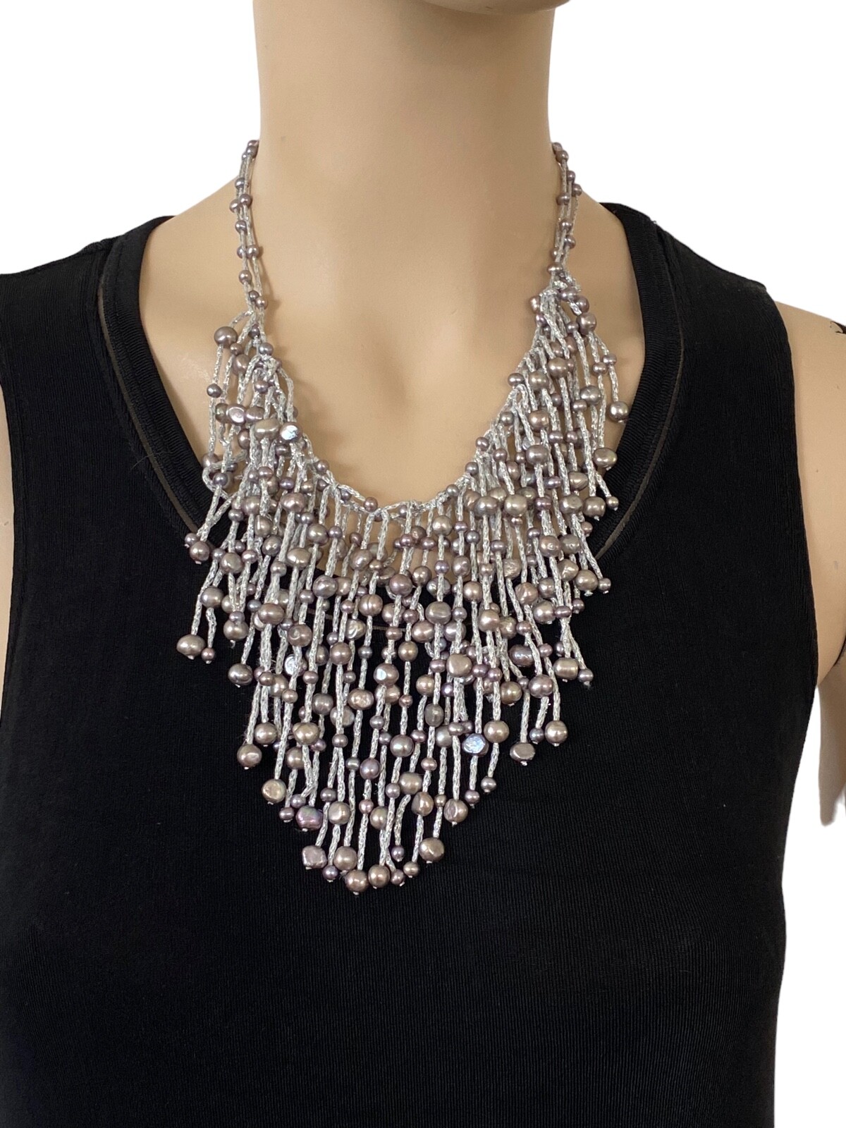 Vintage 14k Gold Clasp Multi-Strand Pearl Chunky Tribal Necklace Y2K Boho