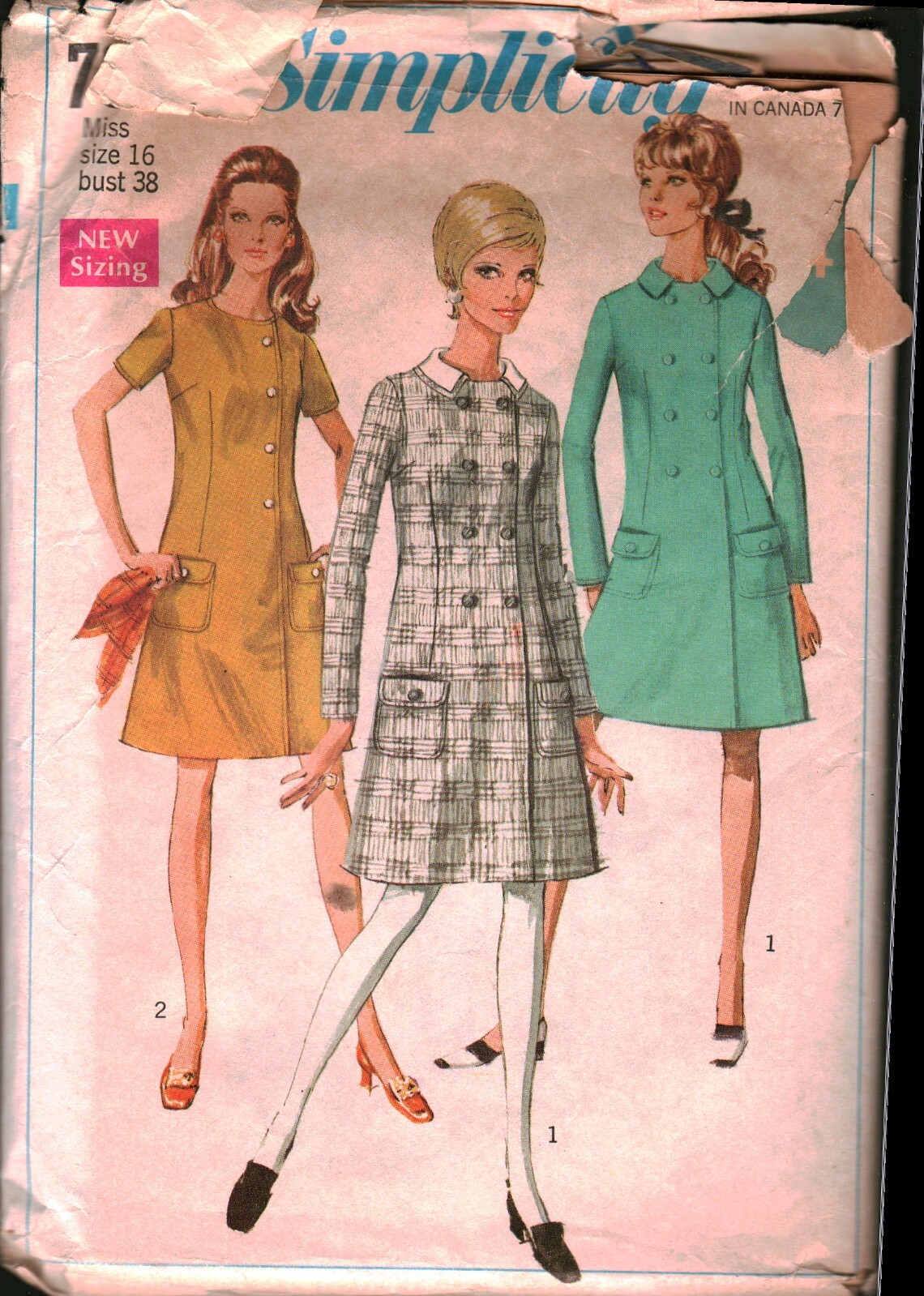 7854 Vintage Simplicity SEWING Pattern Misses 1960 Coat Dress Detachable Collar