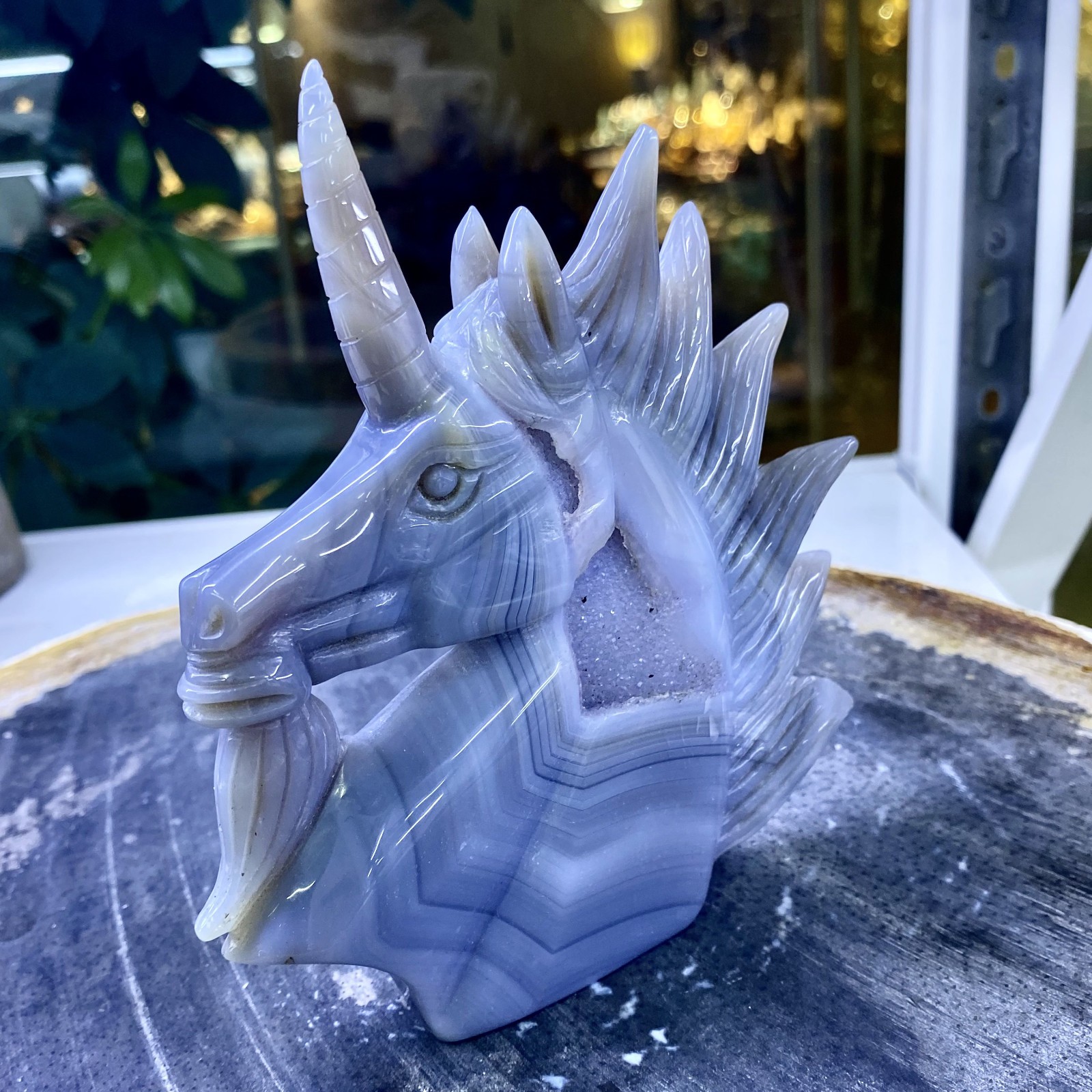 370G Natural Agate Geode Quartz Carved Crystal unicorn Reiki Decor