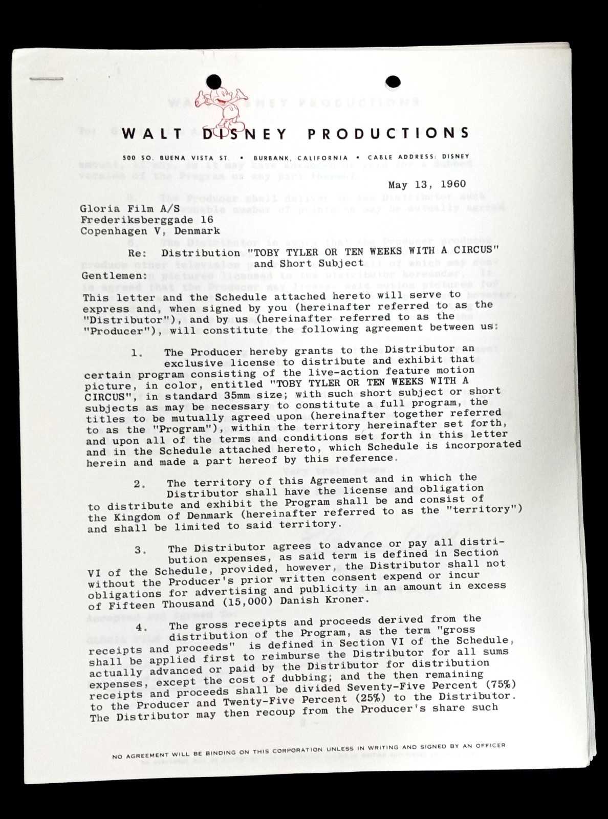 1960 Walt Disney Productions Original Signed Distribution Agreement 8 Pages