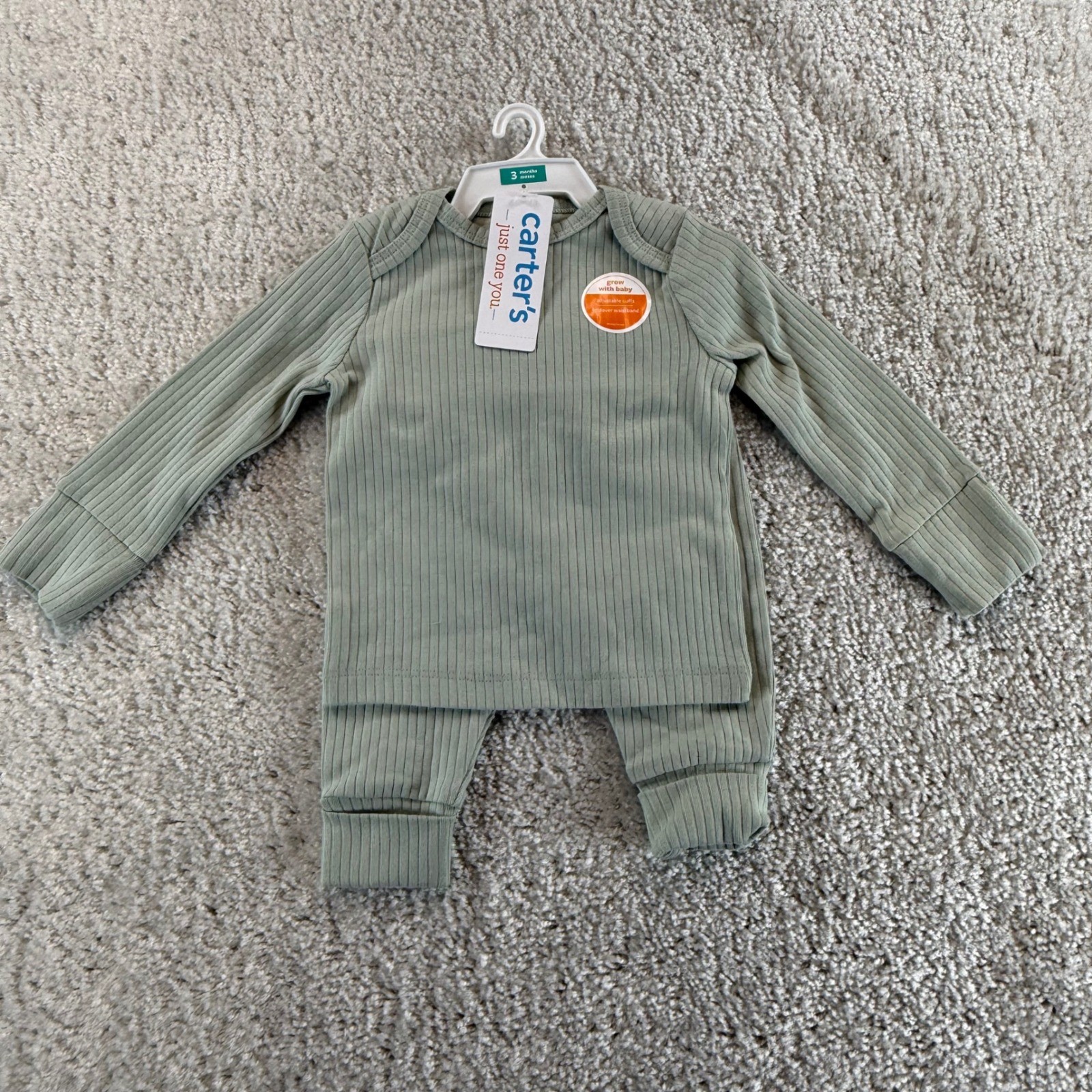 Carters Just One You Sage Green Ribbed 2-Piece Set 3M Grow With Baby 1T717610