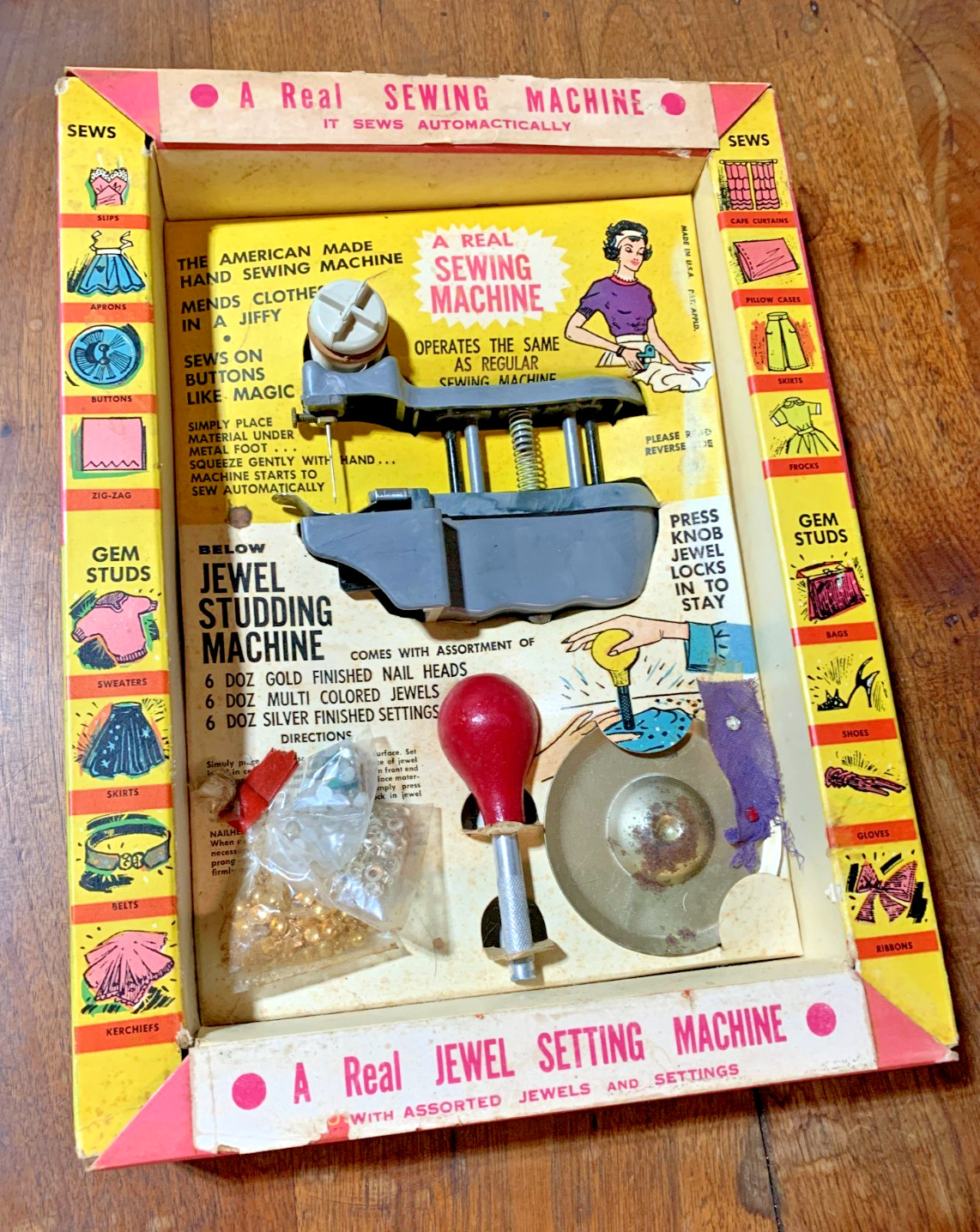 Vintage Handheld Sewing Machine Stud Setter Set Toy Judy Jewel Company NJ 1950's Vintage Handheld Sewing Machine Stud Setter Set Toy Judy Jewel Company NJ 1950's