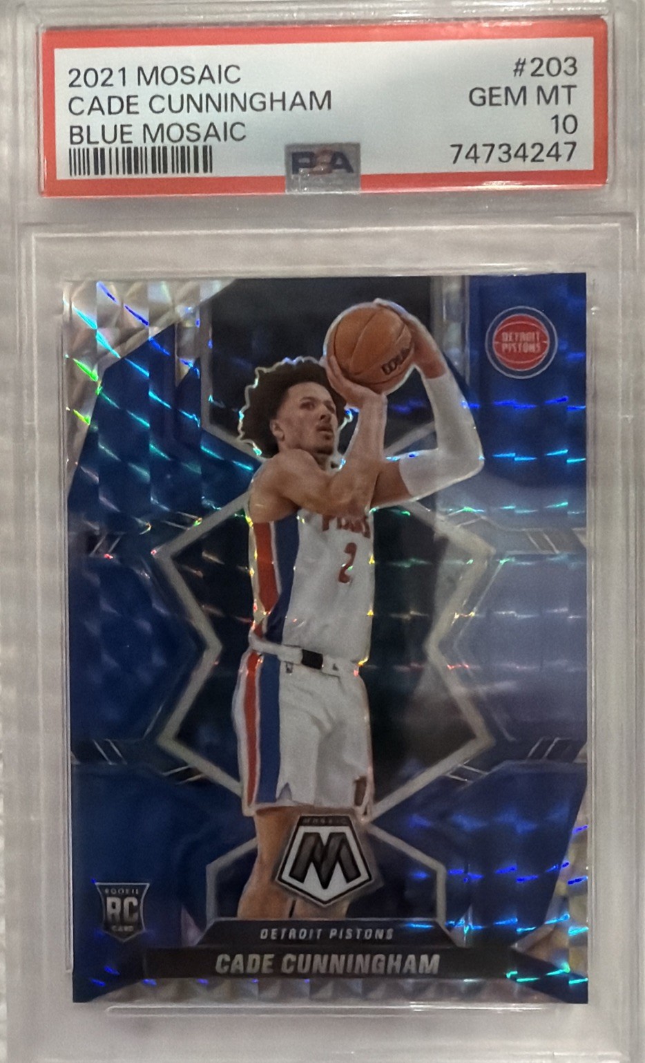 2021-22 Panini Mosiac Cade Cunningham #203 - Blue /99 (RC). PSA 10. 2021-22 Panini Mosiac Cade Cunningham #203 - Blue /99 (RC). PSA 10.