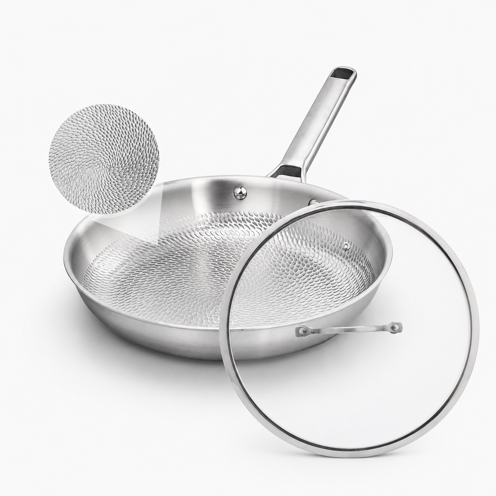 12 Inch Titanium Frying Pan with Hammered Surface & Glass Lid for Family Dinner