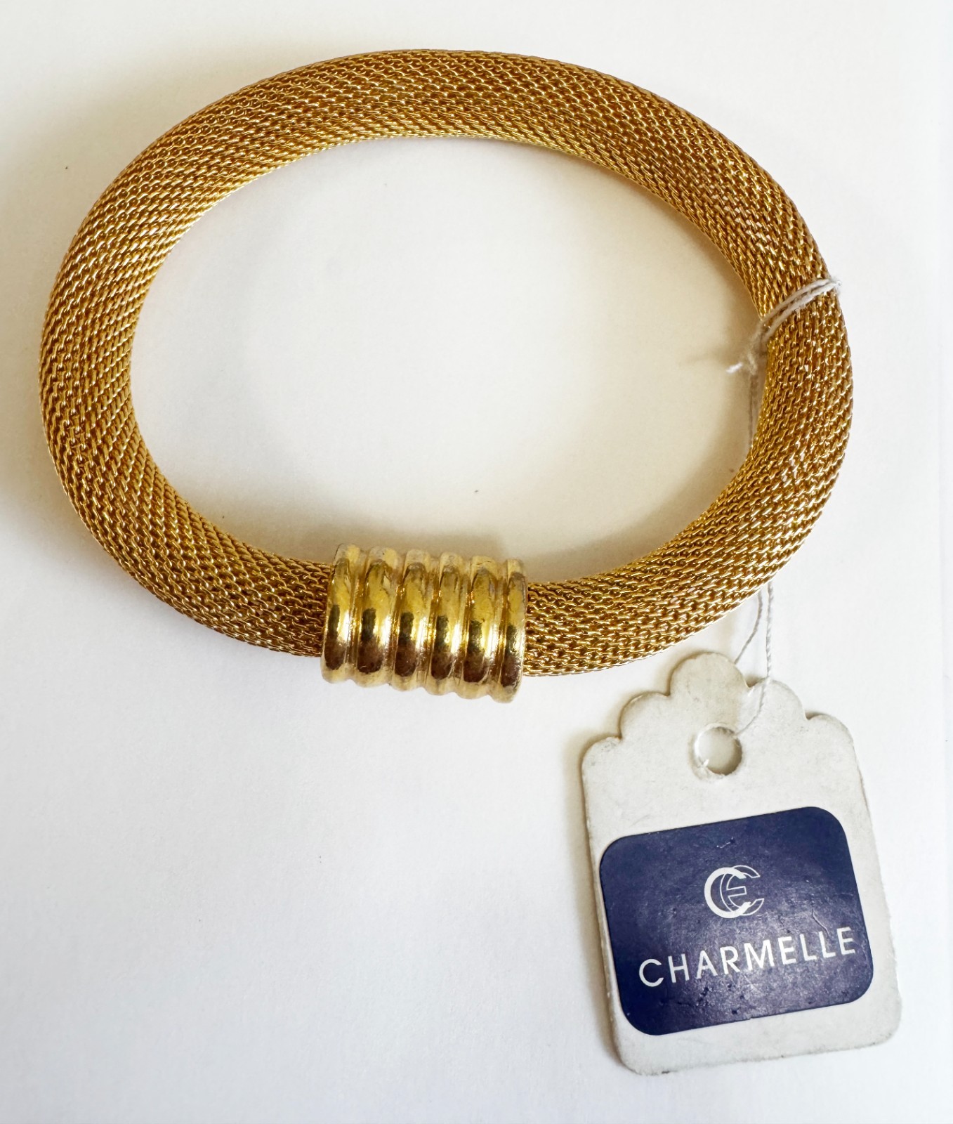 Vintage Charmelle gold-tone tubular mesh bracelet ribbed accent NWT