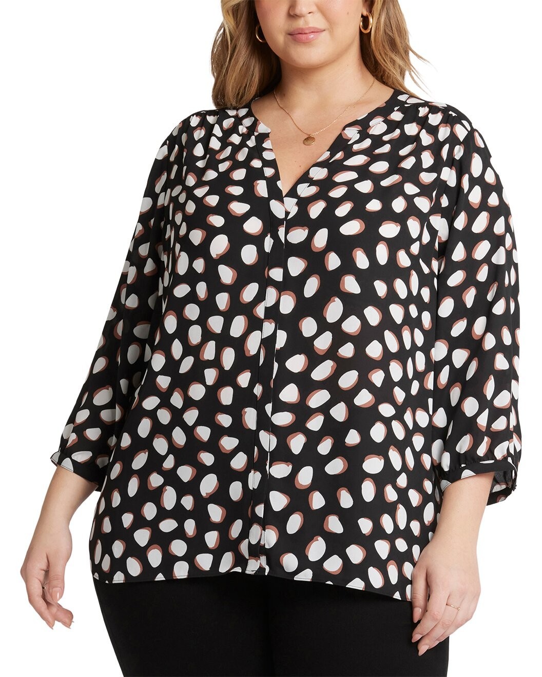 NYDJ Plus 2X Dot Print Pintuck Blouse Split Neck Button Front 3/4 Sleeve Top